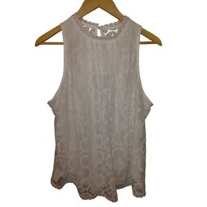 White Floral Lace Sleeveless High Neck Blouse Keyhole Back Top XL